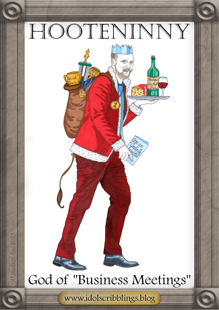 A man with a slight resemblance to Steven Doyle is wearing a Santa jacket and a paper party crown on his head. He is carrying a tray of cheese and a bottle of wine called "Chateau Lie-Feat". On his back there is a sack of trophies and medals. Someone has pinned a donkey's tail on his behind.