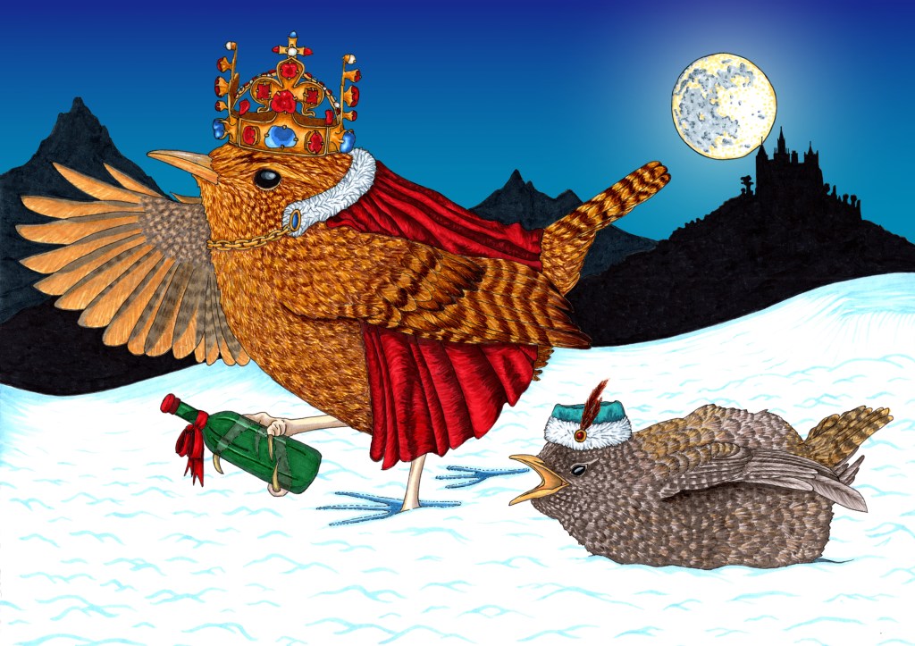 A cartoon drawing. An adult wren, dressed in a cloak and a crown and holding a bottle of wine, is walking across a moonlit, snowy landscape. He is followed by a wren chick wearing a medieval-Bohemian style cap. The wren chock is walking in the king wren's footprints. Image copyright H. Hudson-Lee 2022
